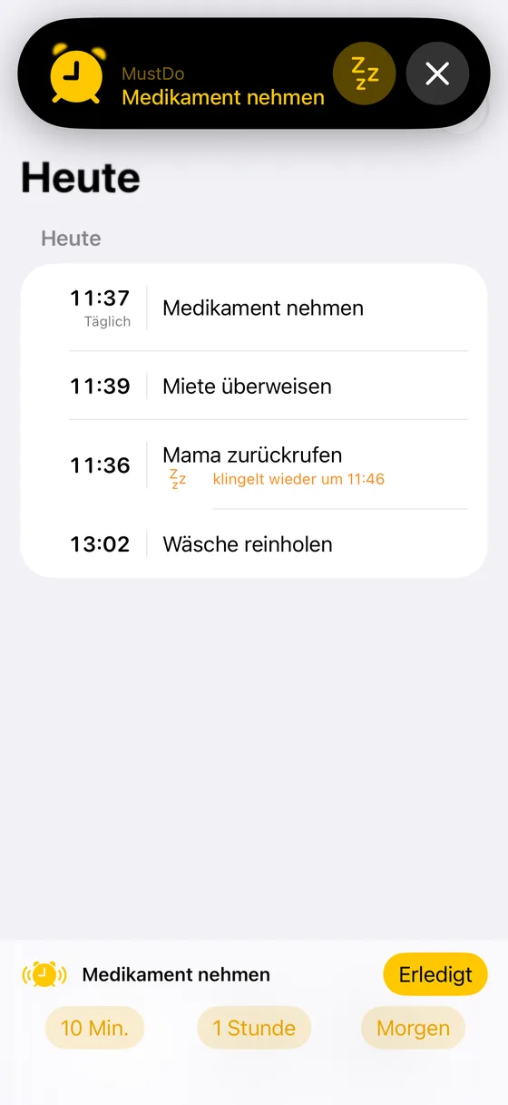 Ein klingelnder MustDo-Wecker mit den Tasten Erledigt, 10 Min., 1 Stunde und Morgen