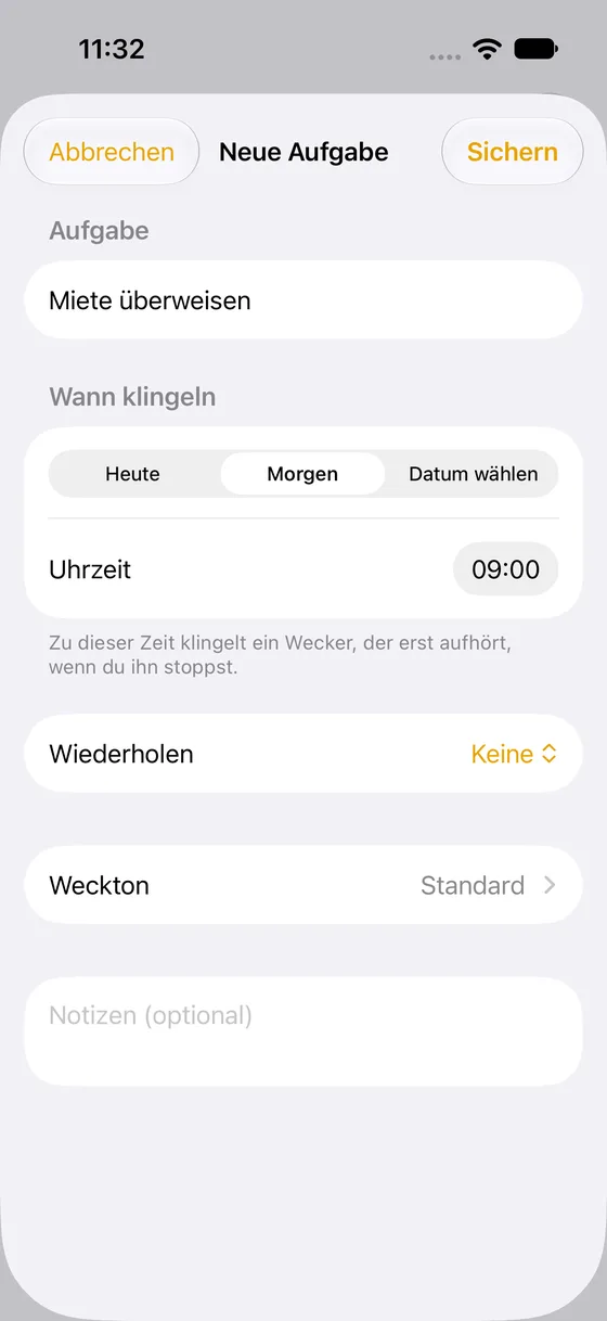 MustDo-Eingabe: Aufgabe eingetippt, „Morgen 9:00“ ist ausgewählt
