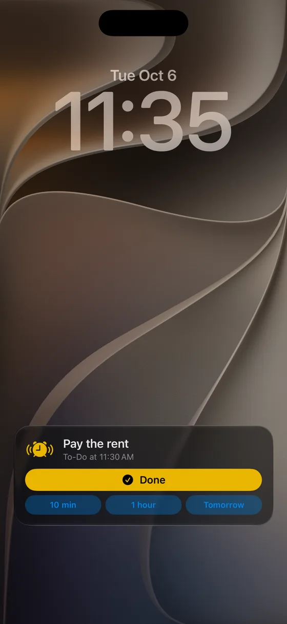 Live Activity on the Lock Screen: mark the ringing to-do as done or snooze it