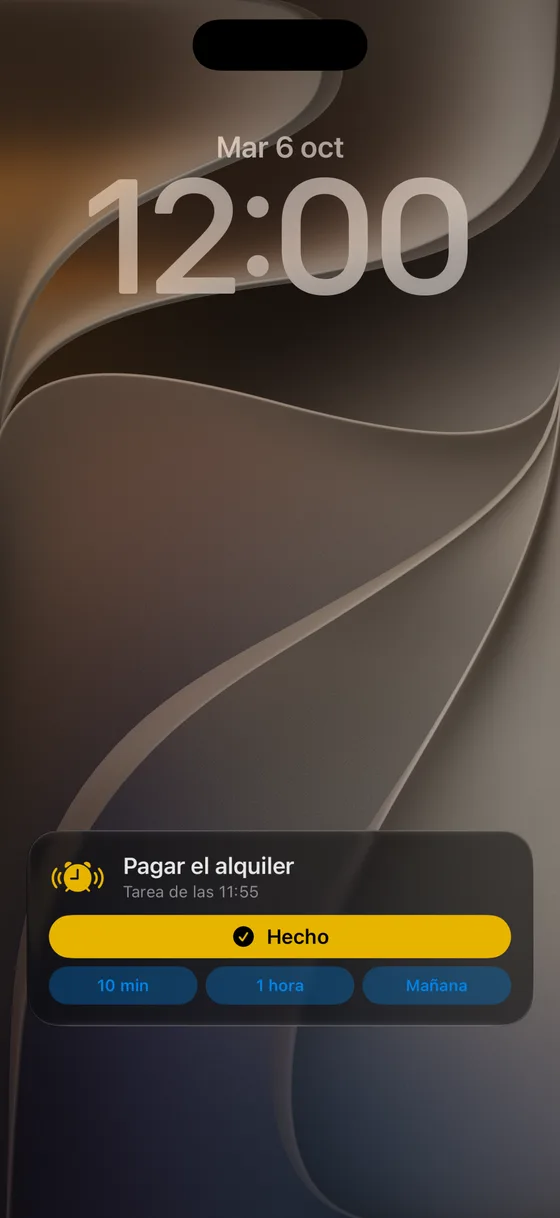 Actividad en directo en la pantalla de bloqueo: marcar como hecha la tarea que está sonando o posponerla