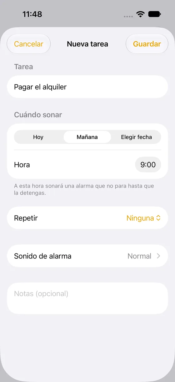 Hoja de añadir de MustDo con una tarea escrita y «Mañana 9:00» seleccionado