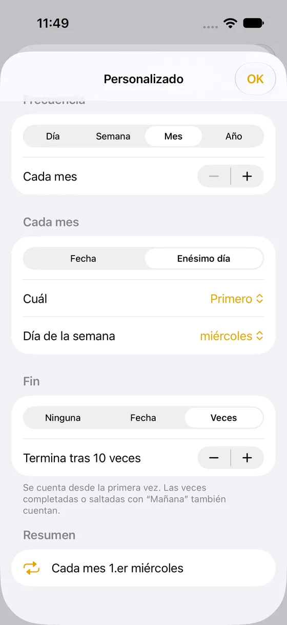 Pantalla de repetición personalizada de MustDo: el primer martes de cada mes, terminar tras 10 veces