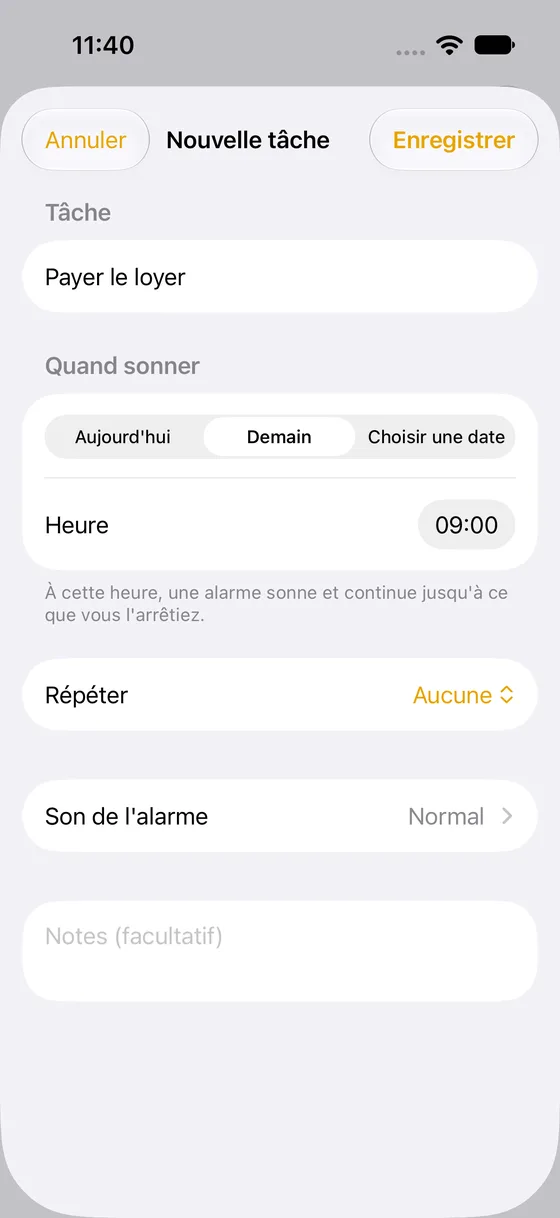 Fiche d'ajout de MustDo avec une tâche saisie et « Demain 9:00 » sélectionné