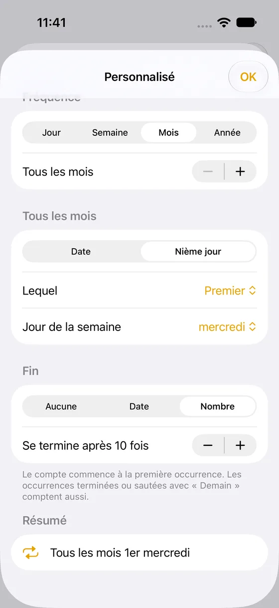Écran de répétition personnalisée de MustDo : le premier mardi de chaque mois, fin après 10 fois